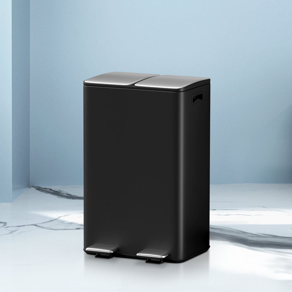 Pedal Bins Rubbish Bin Dual Compartment Waste Recycle Dustbins 60L Black | Pedal Bins