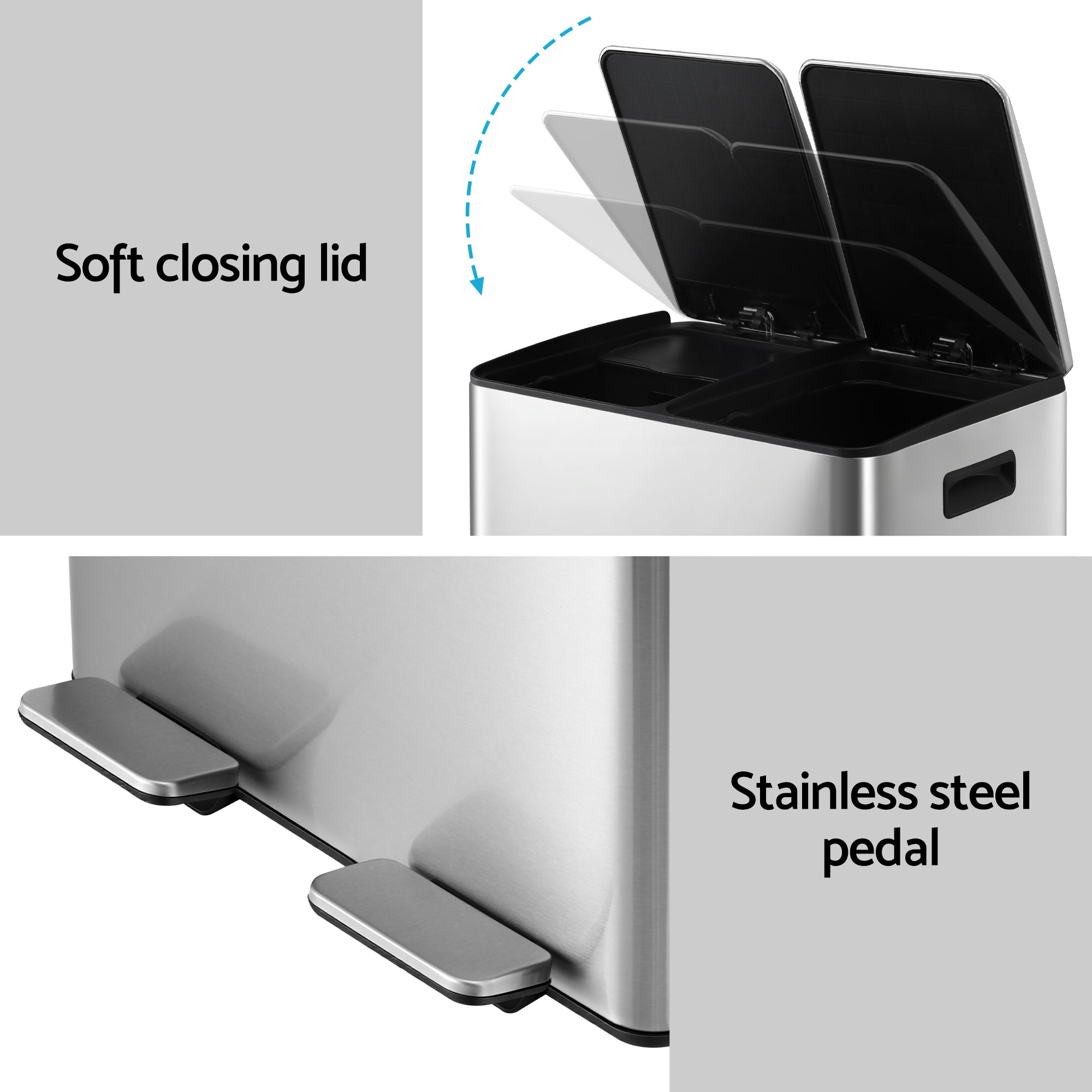 Pedal Bin Dual Compartment Waste Recycle Dustbin 60L Silver Modern