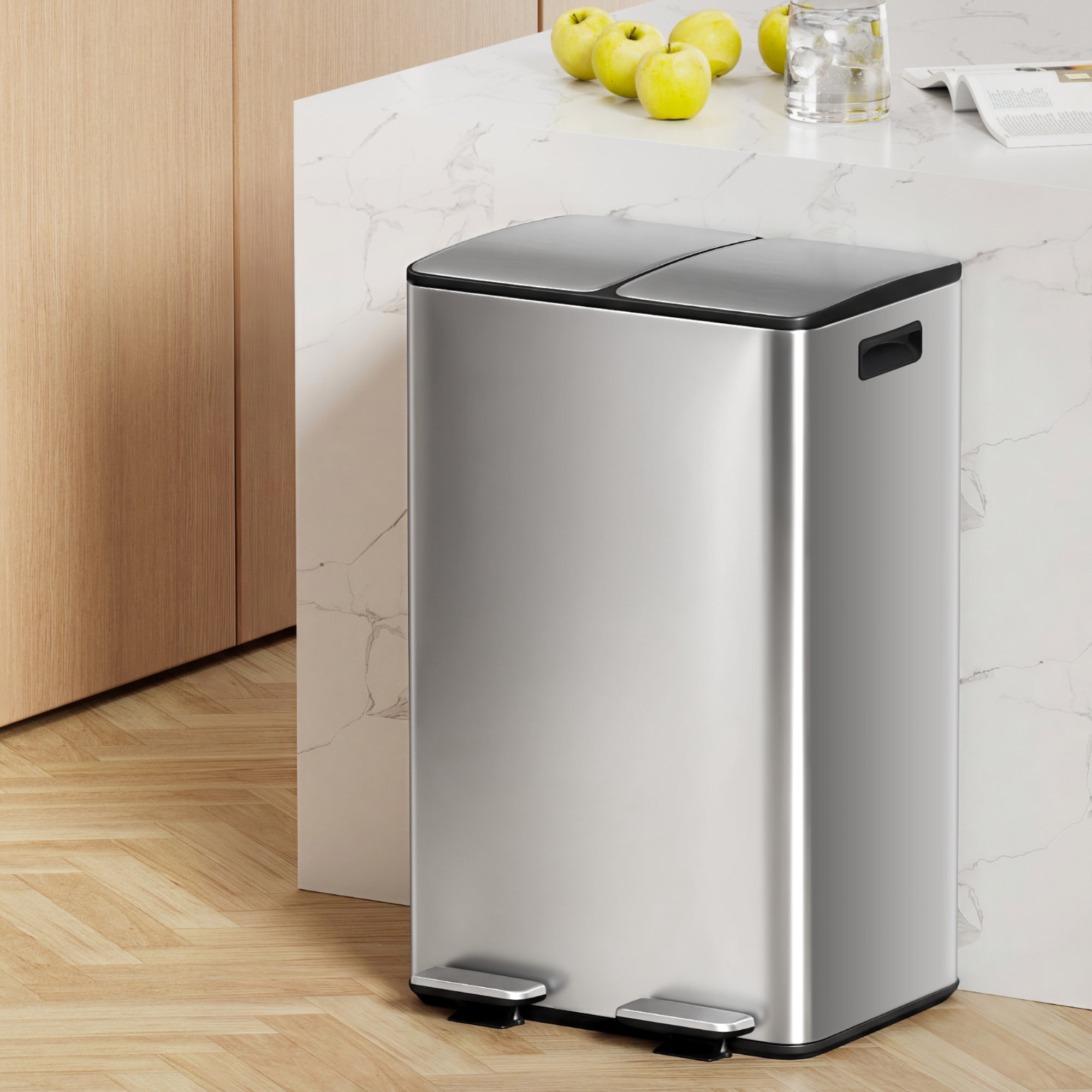 Pedal Bin Dual Compartment Waste Recycle Dustbin 60L Silver Modern