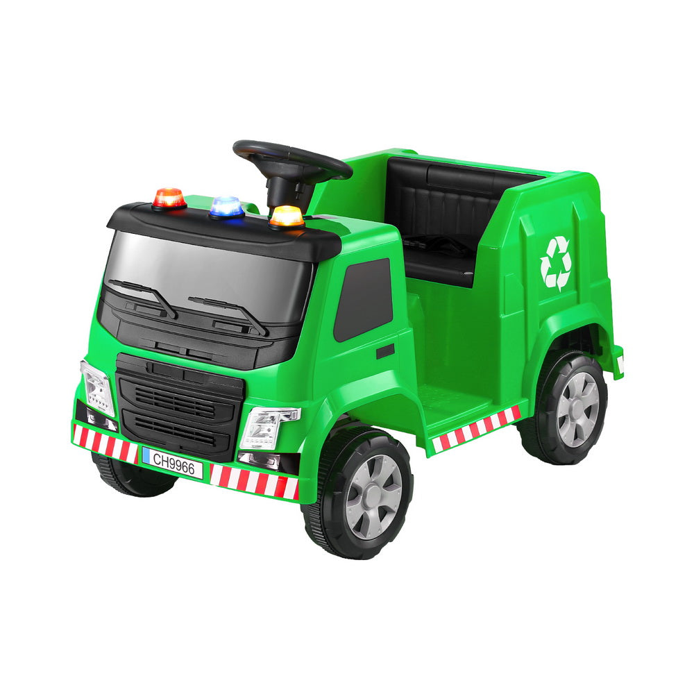 Kids Ride-On Garbage Truck with Police Lights 12V Green | Green colour