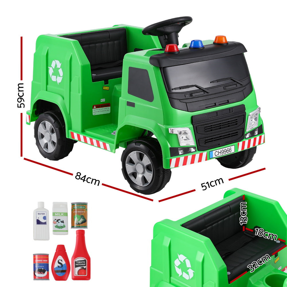 Kids Ride-On Garbage Truck with Police Lights 12V Green, Ride On Cars