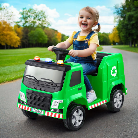 Ride On Cars - Kids Ride-On Garbage Truck with Police Lights 12V Green