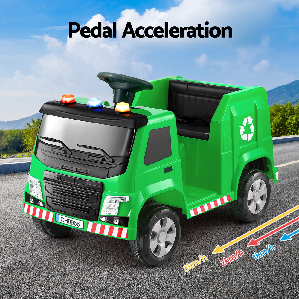 Kids Ride-On Garbage Truck with Police Lights 12V Green | Ride On Cars