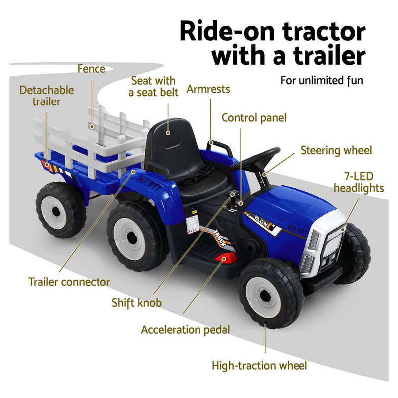 Rigo Kids Electric Ride On Car Tractor Toy Cars 12V Blue - Trailer Battery