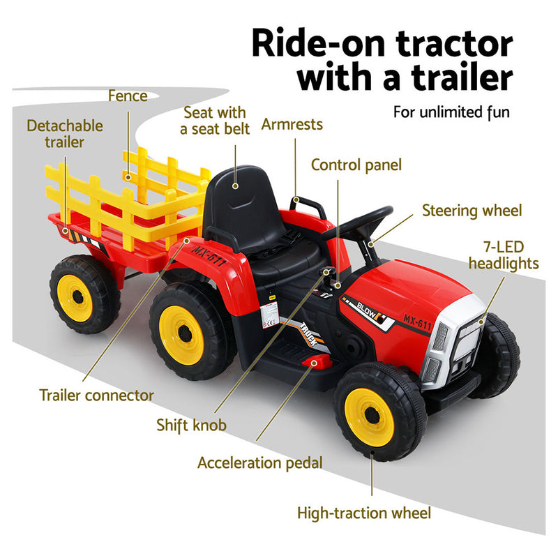 Ride On Car Tractor Trailer Toy Kids Electric Cars 12V Battery Red - Ride On Cars