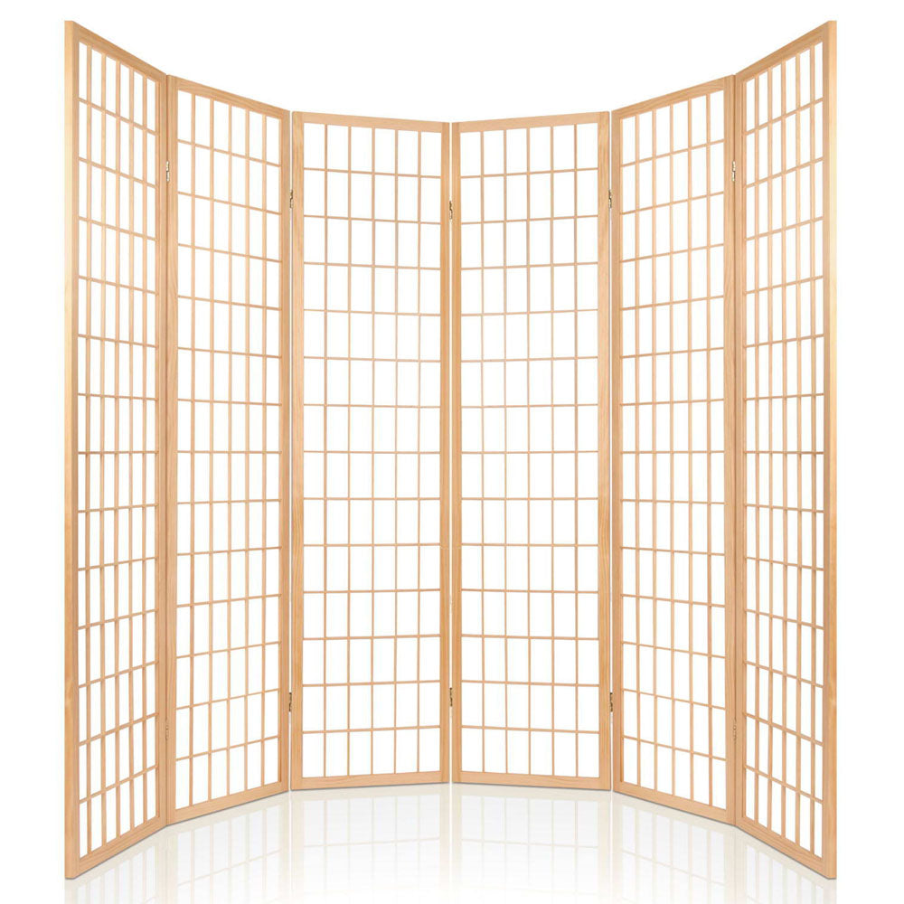 6 Panel Room Divider Privacy Screen Foldable Pine Wood Stand Natural