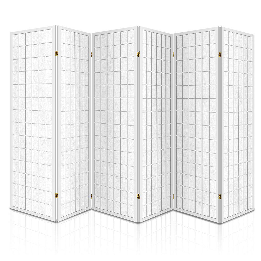 6 Panel Room Divider Privacy Screen Foldable Pine Wood Stand White