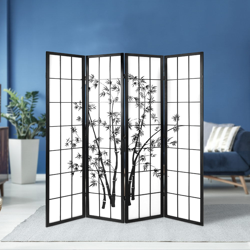 4 Panel Room Divider Screen 174X179Cm Bamboo Black White