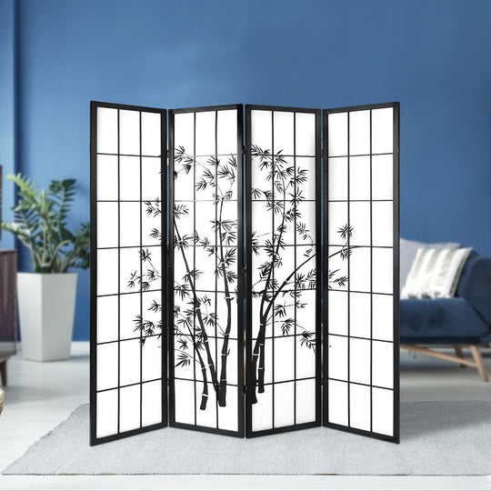 4 Panel Room Divider Screen 174X179Cm Bamboo Black White, Bamboo finish