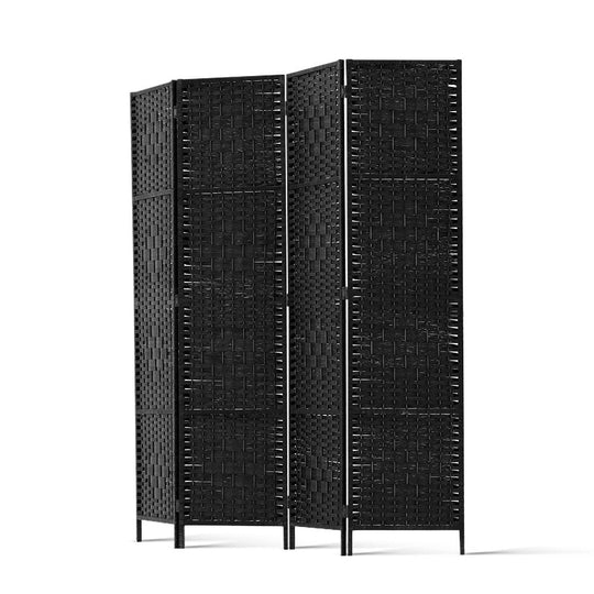 4 Panel Room Divider Screen 163X170Cm Woven Black - Artiss Privacy Rattan Wood