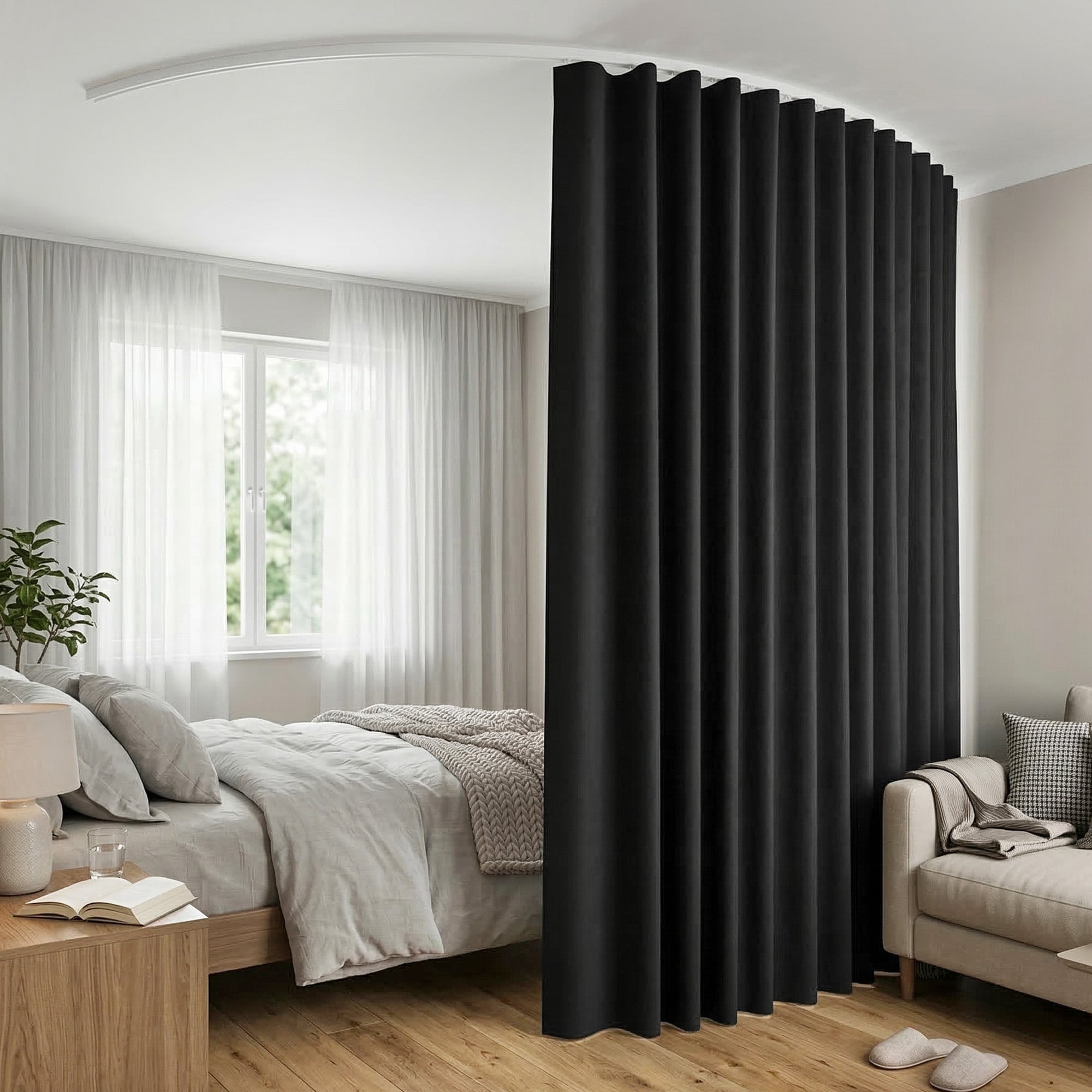 Flexible Blackout Room Divider with Bendable Track and Adjustable Hooks