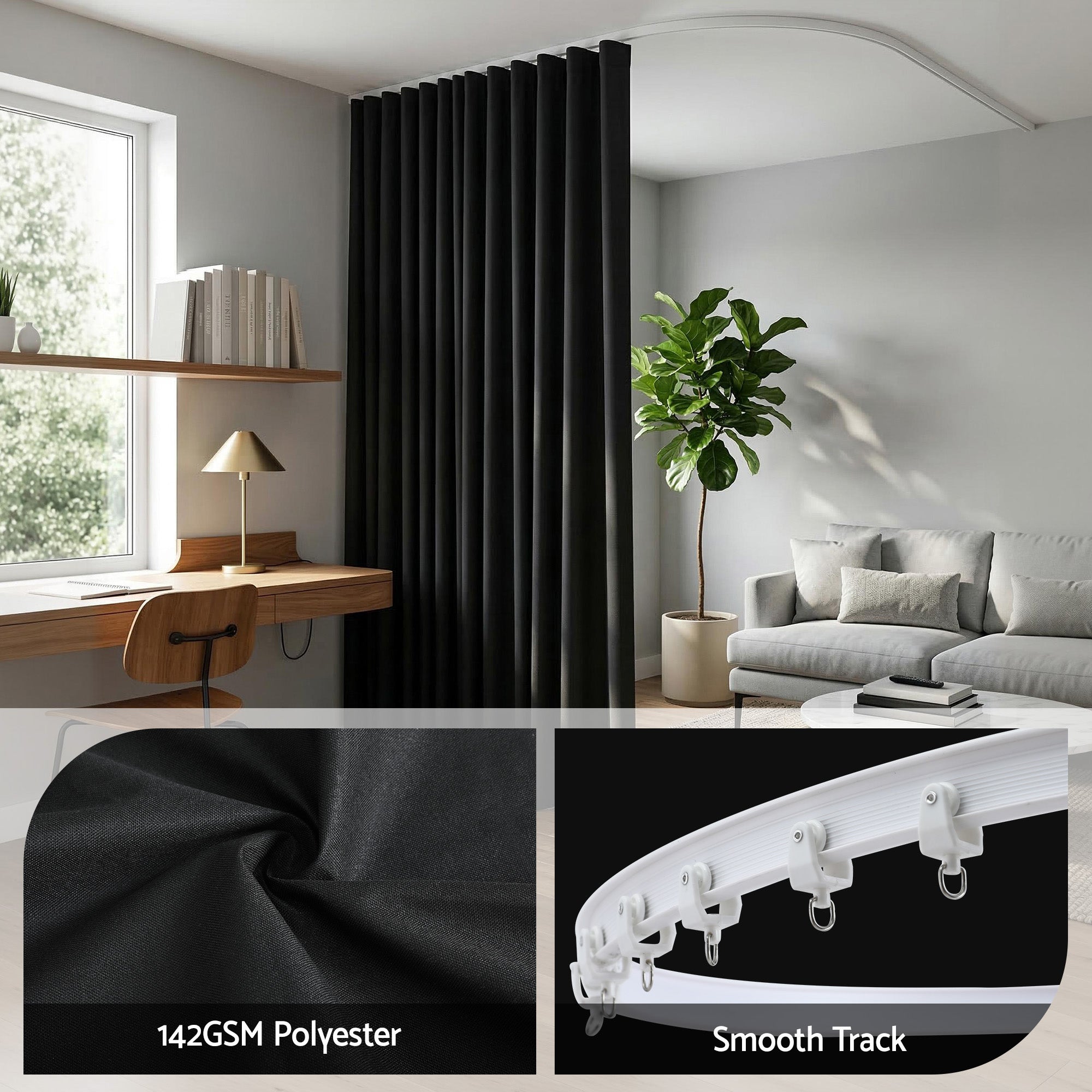 Flexible Blackout Room Divider with Bendable Track and Adjustable Hooks