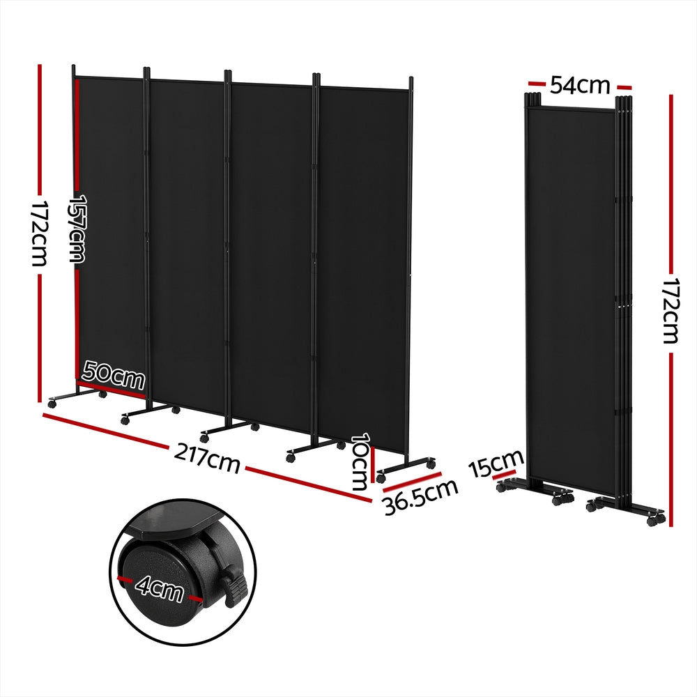 4 Panel Room Divider Screen Wheel Fabric Black | Room Dividers