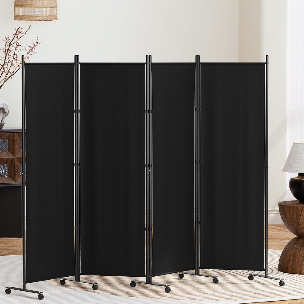 4 Panel Room Divider Screen Wheel Fabric Black | Fabric finish