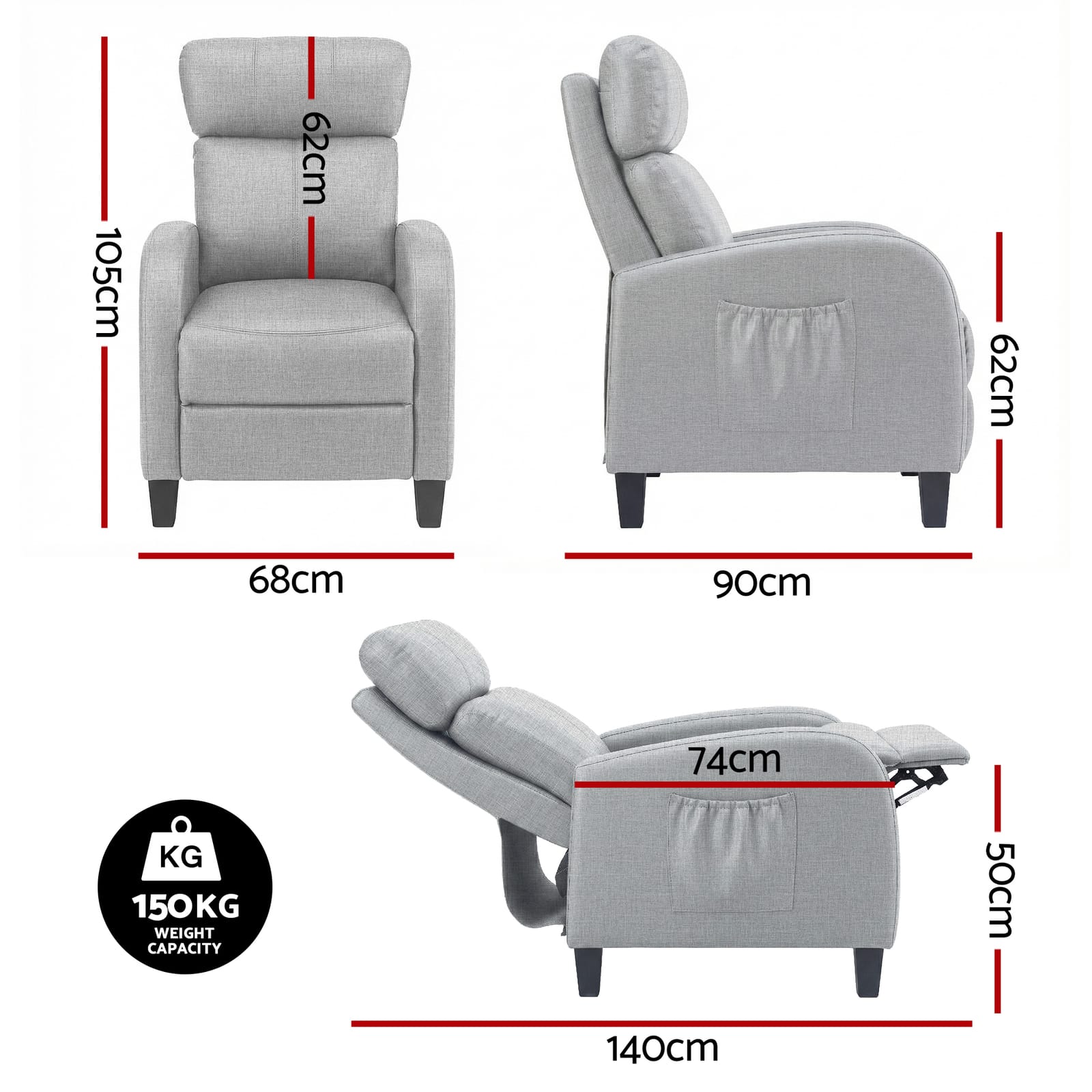 Massage Recliner Chair Grey Fabric king