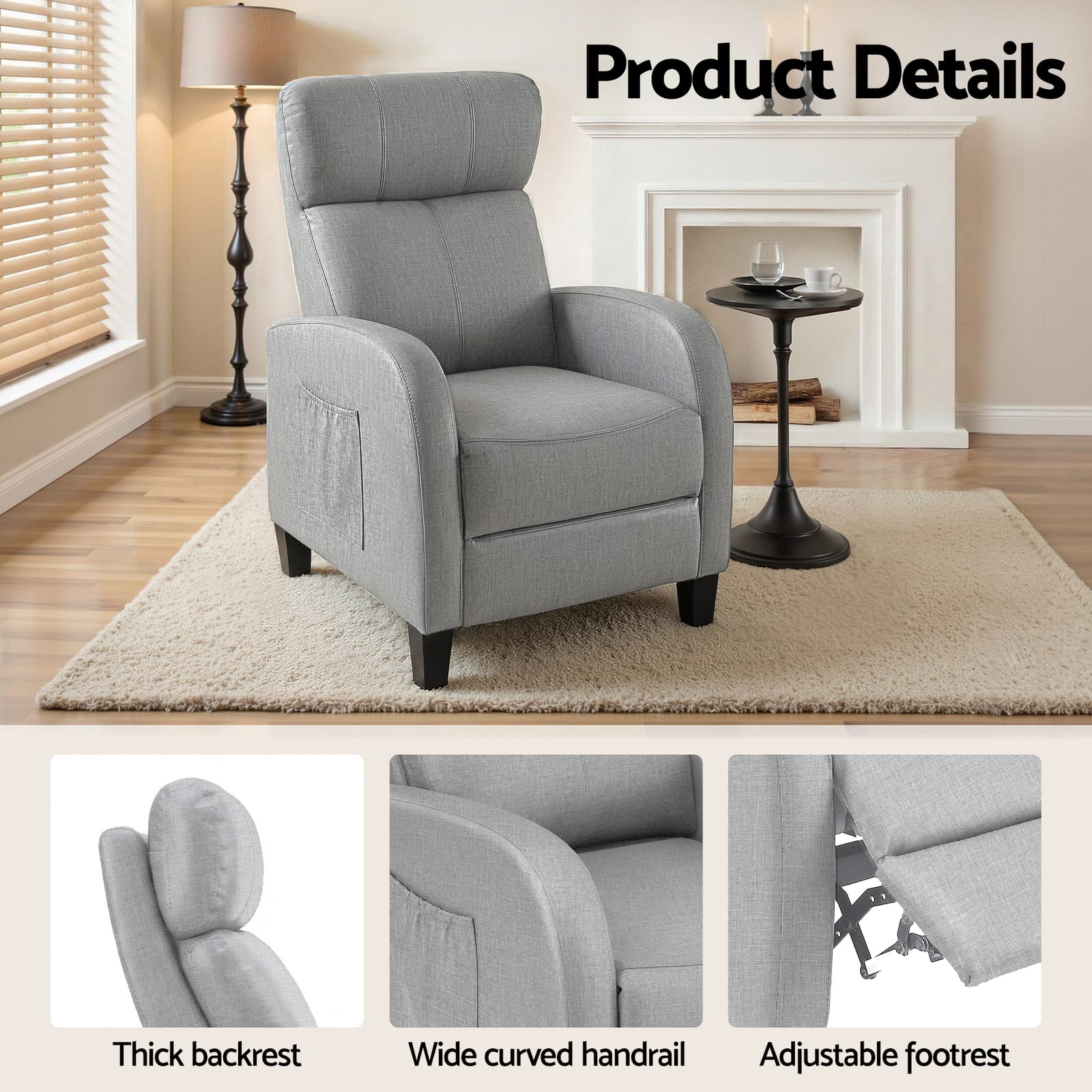 Massage Recliner Chair Grey Fabric king