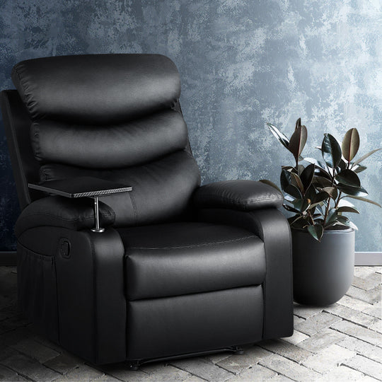 Armchair Lounge Sofa Chairs - Recliner Chair Leather Black Tray Table Erika