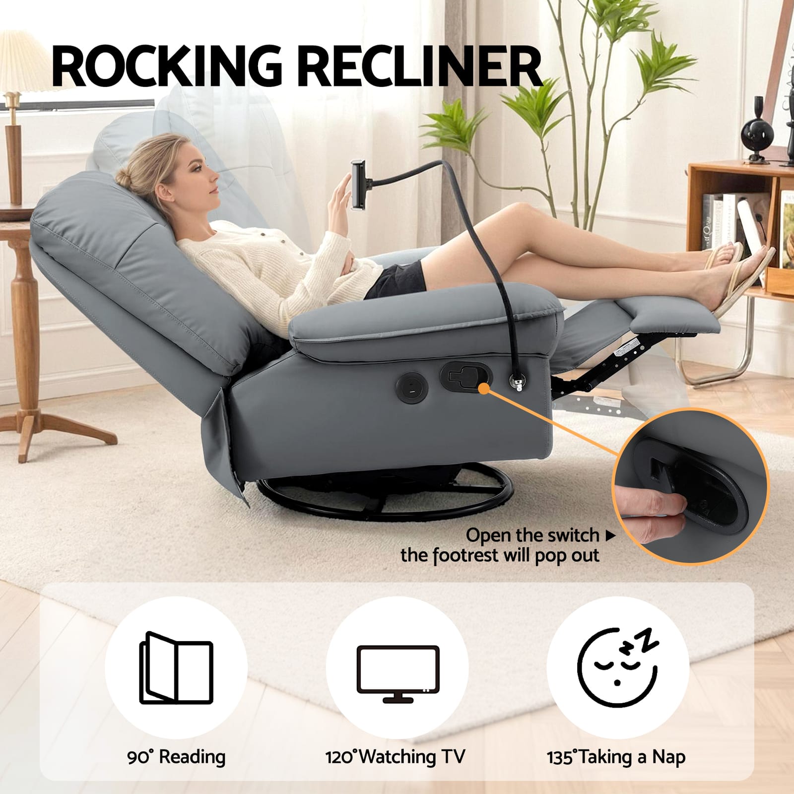 Swivel Recliner Chair Grey 100x90x96cm