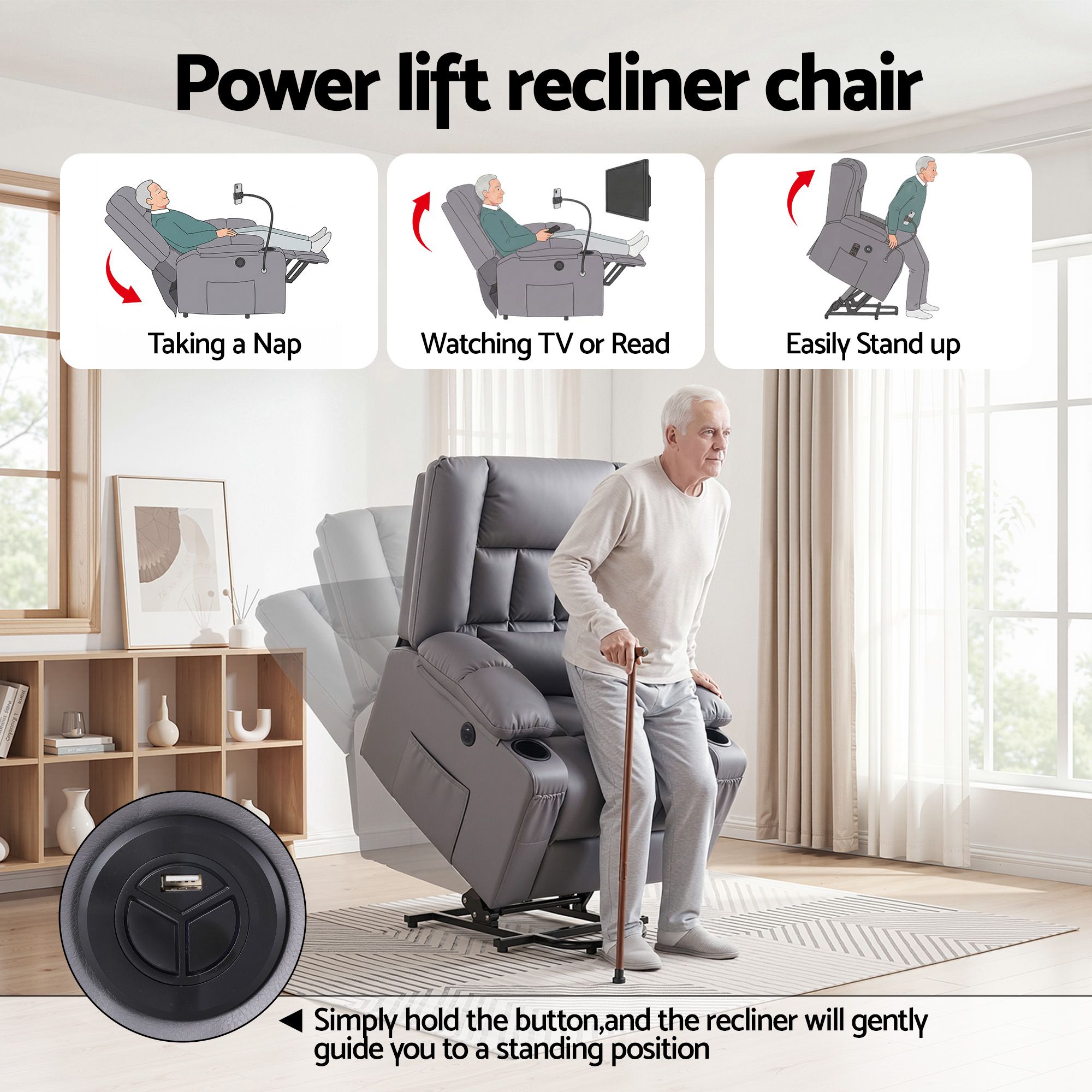 Power Lift Recliner Chair Massage Heat Grey | Simpledeals