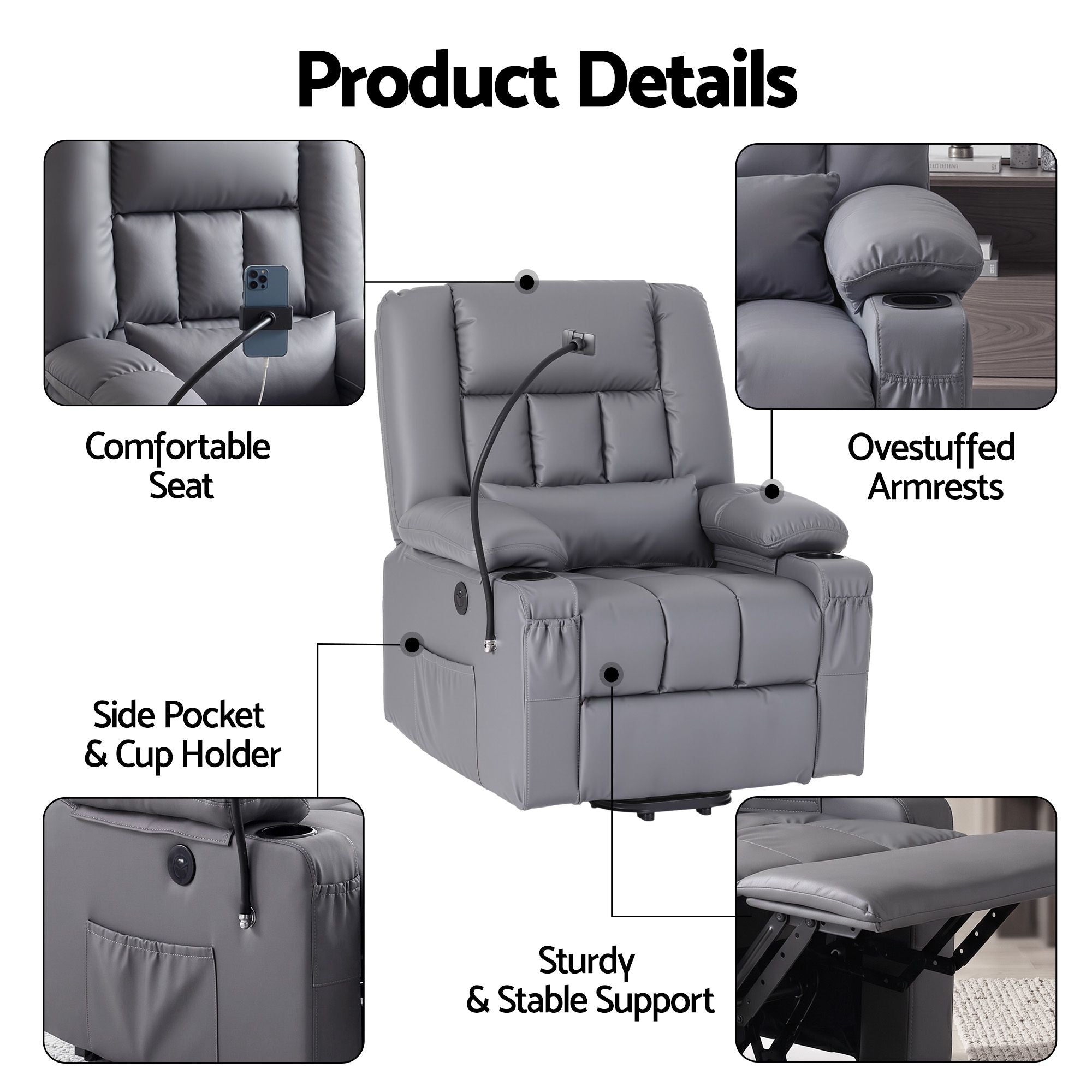 Power Lift Recliner Chair Massage Heat Grey | Simpledeals