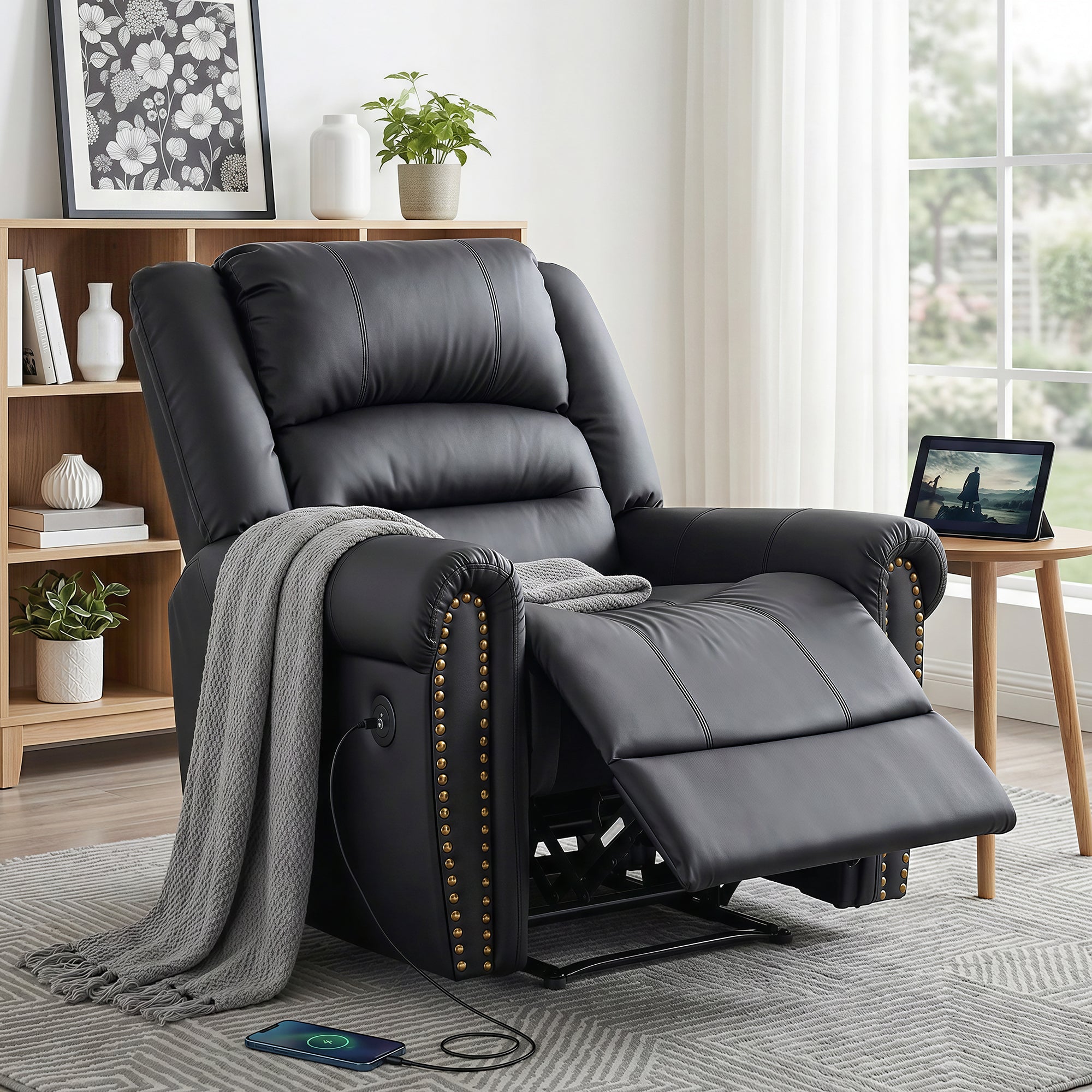 Leather Manual Recliner Chair Black Wide Seat USB Port 150kg Comfort