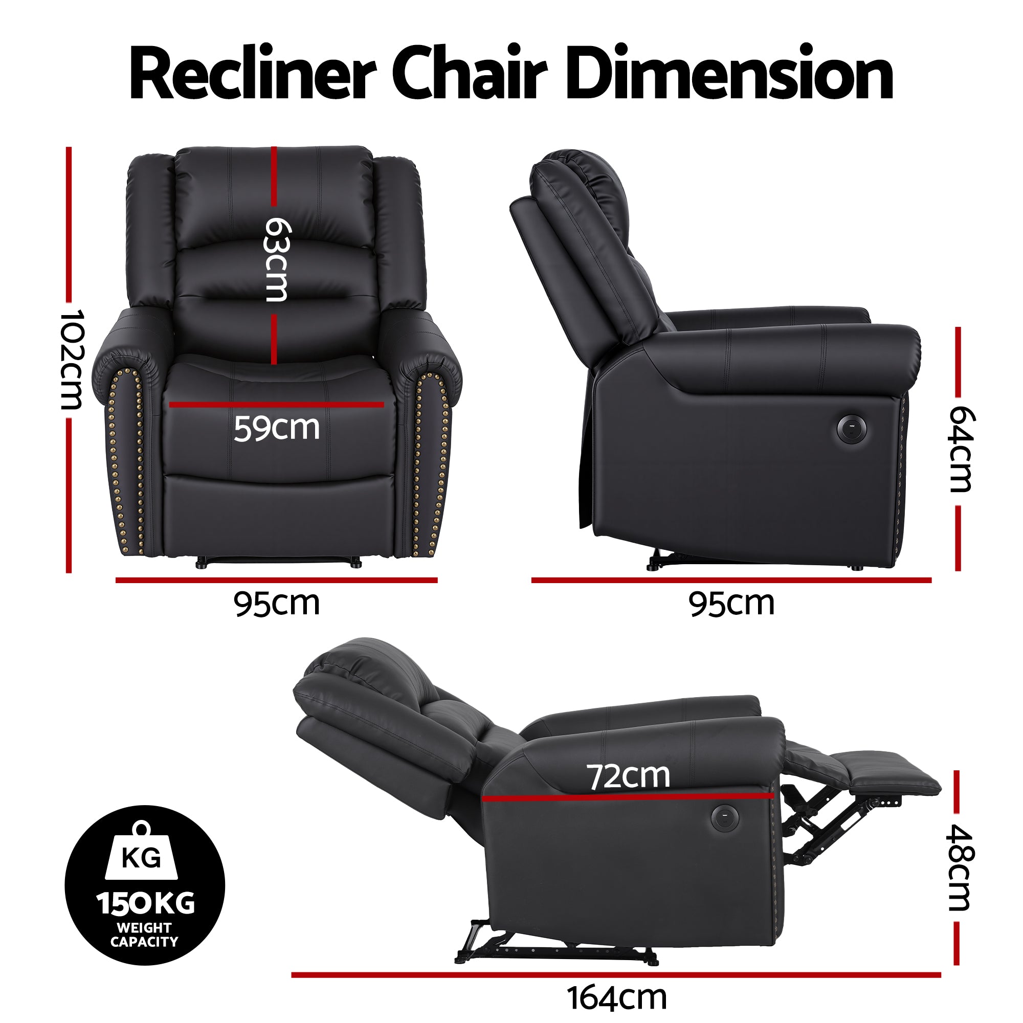 Leather Manual Recliner Chair Black Wide Seat USB Port 150kg Comfort