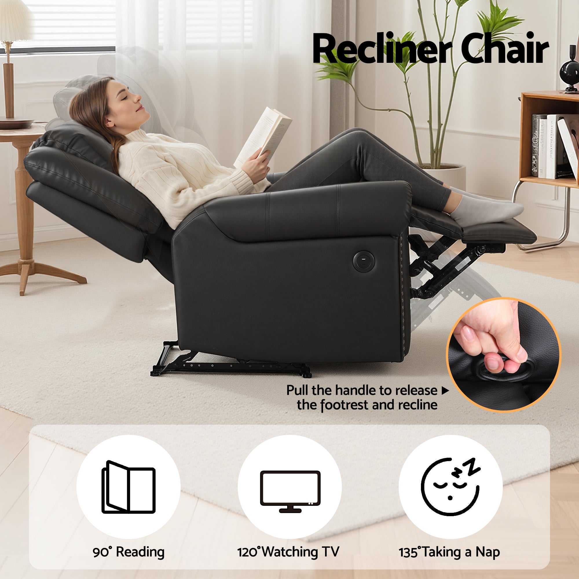Leather Manual Recliner Chair Black Wide Seat USB Port 150kg Comfort