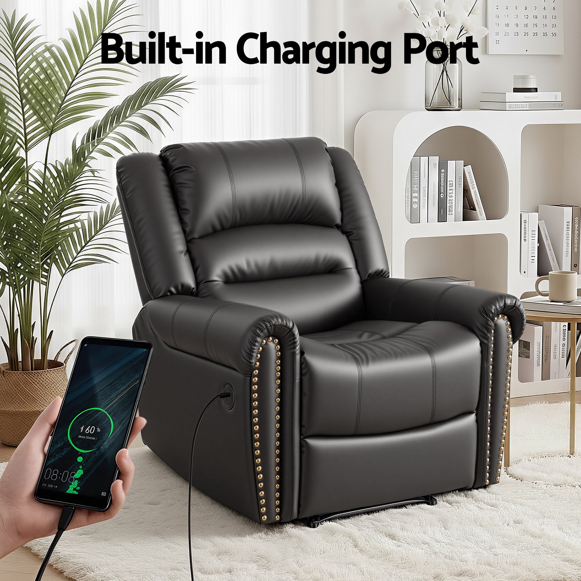 Leather Manual Recliner Chair Black Wide Seat USB Port 150kg Comfort