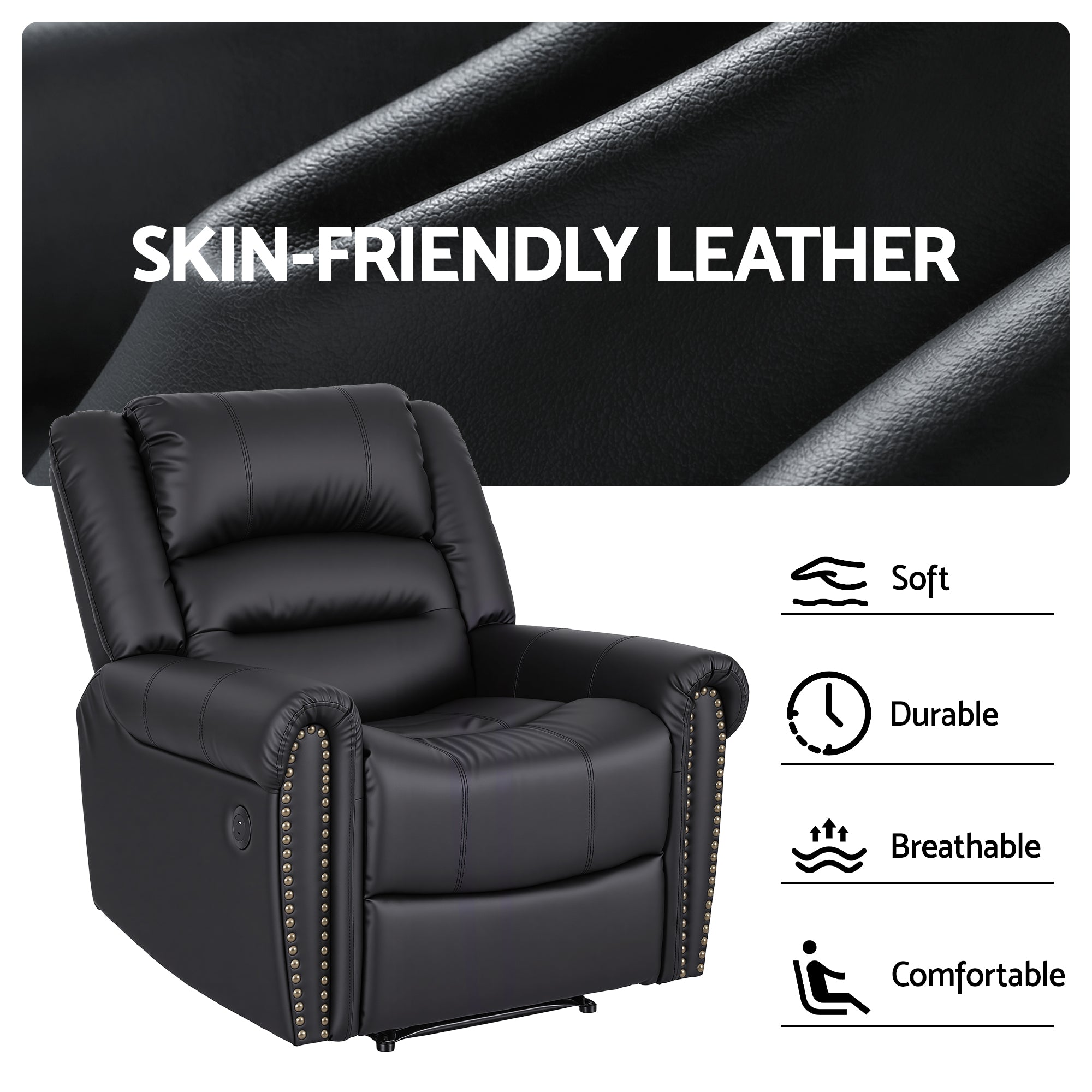 Leather Manual Recliner Chair Black Wide Seat USB Port 150kg Comfort