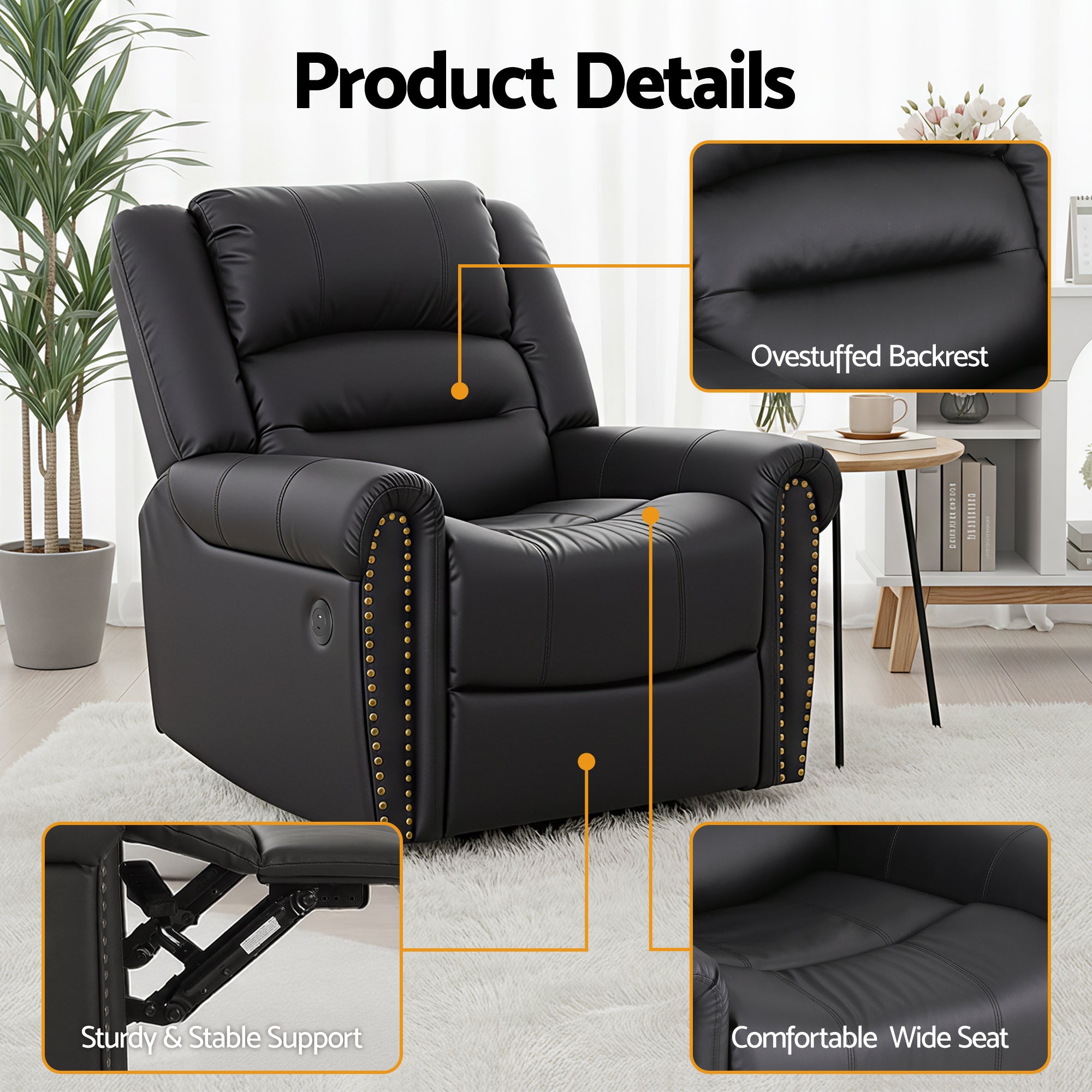 Leather Manual Recliner Chair Black Wide Seat USB Port 150kg Comfort
