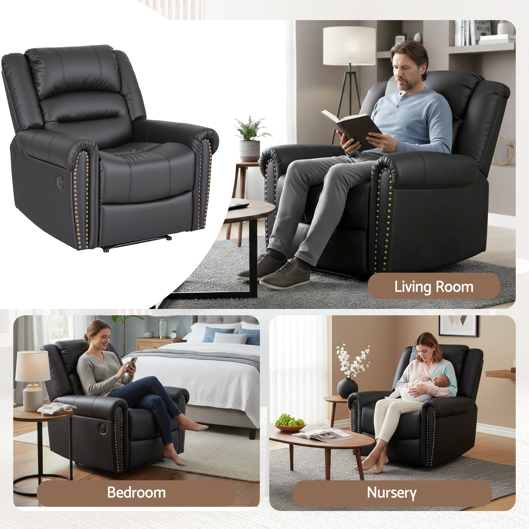 Leather Manual Recliner Chair Black Wide Seat USB Port 150kg Comfort