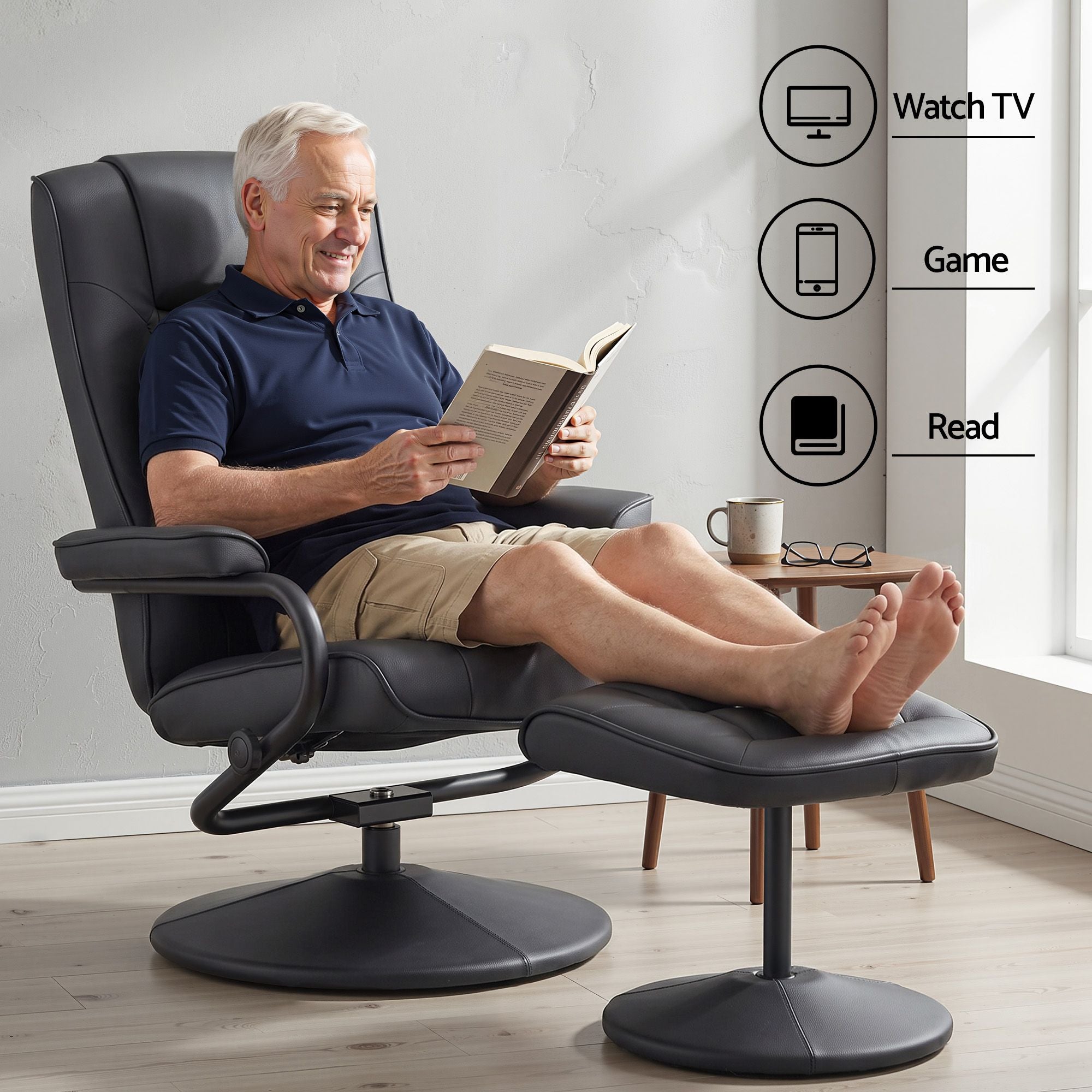 Swivel Recliner Chair Ottoman Set PU Leather | Simpledeals