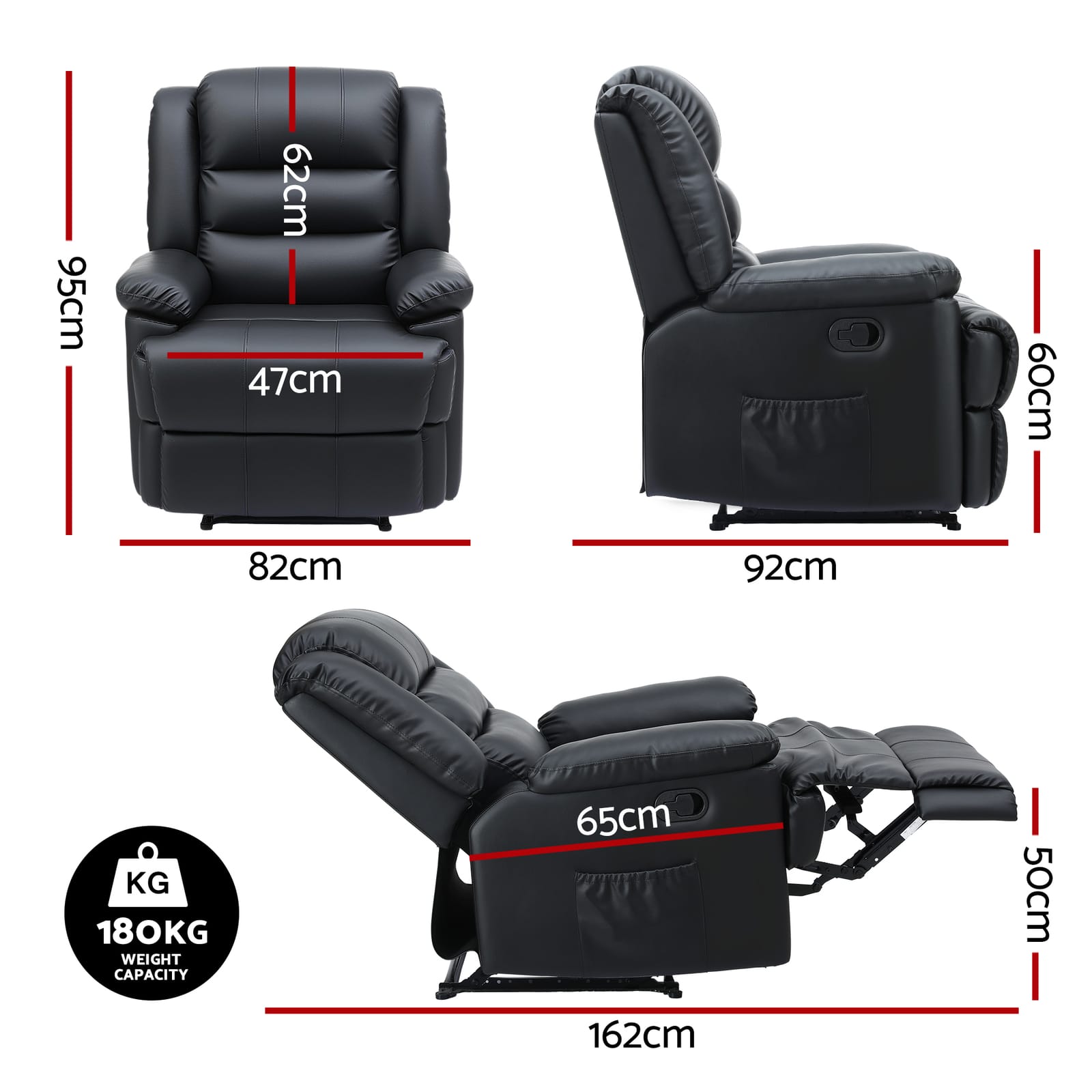 Recliner Chair Leather Black 82x82x95cm