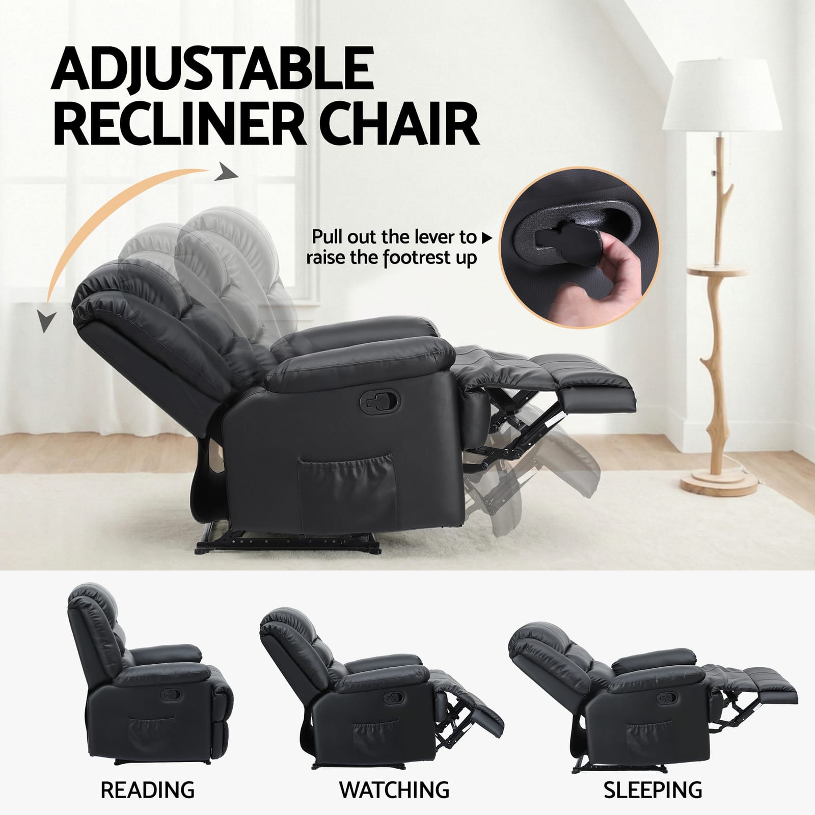 Recliner Chair Leather Black 82x82x95cm