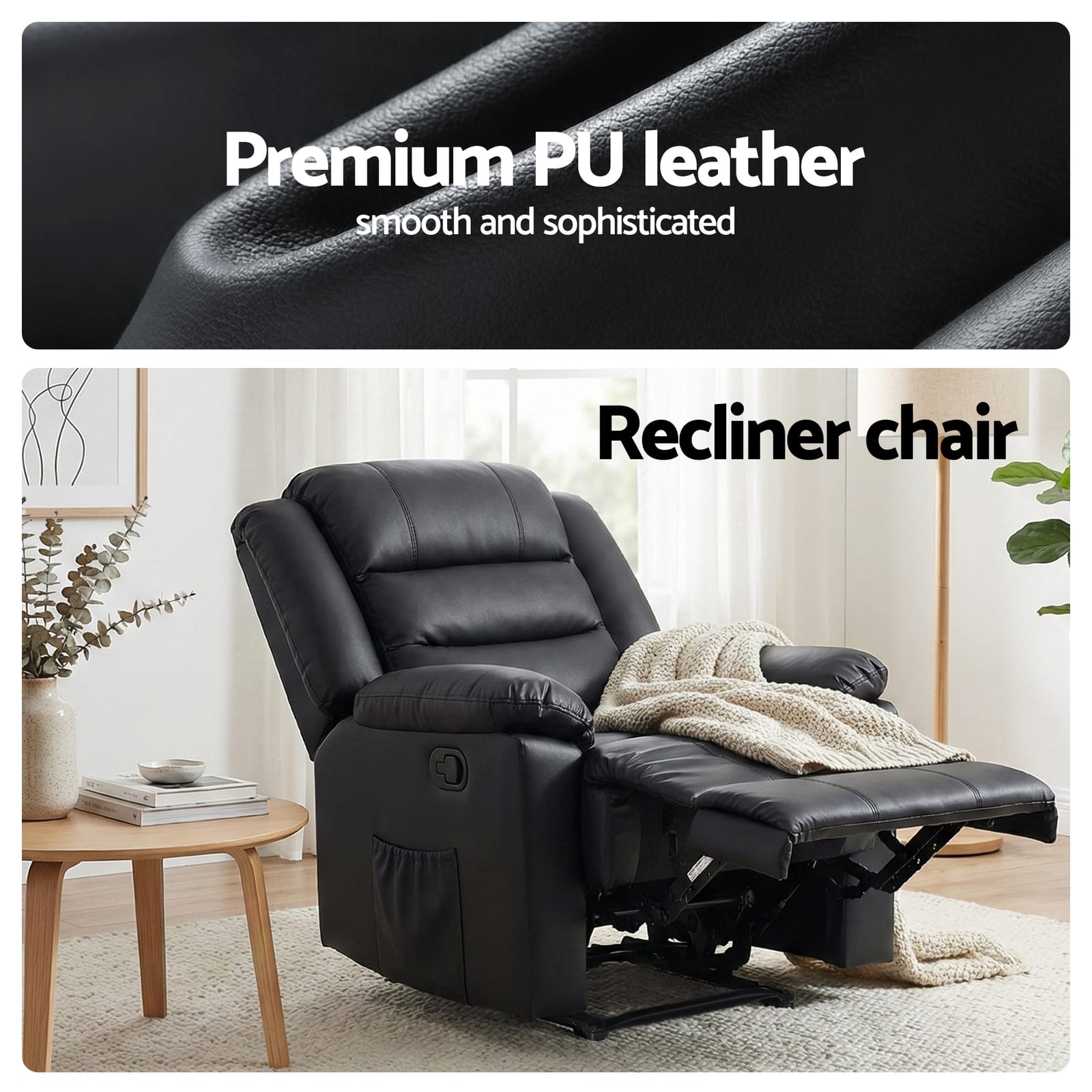 Recliner Chair Leather Black 82x82x95cm