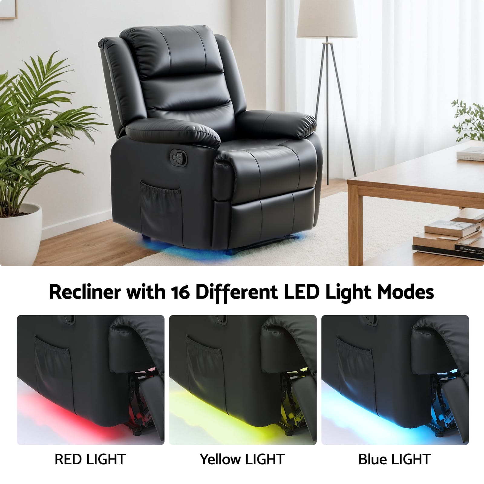 Recliner Chair Leather Black 82x82x95cm