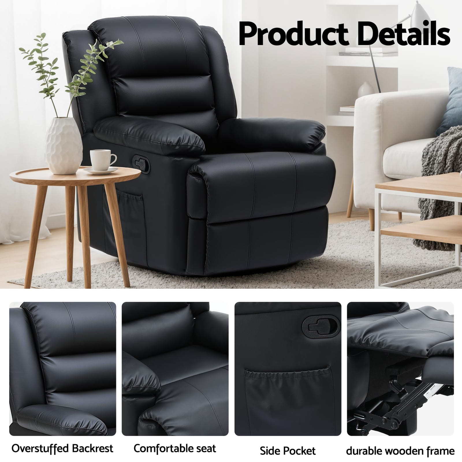 Recliner Chair Leather Black 82x82x95cm