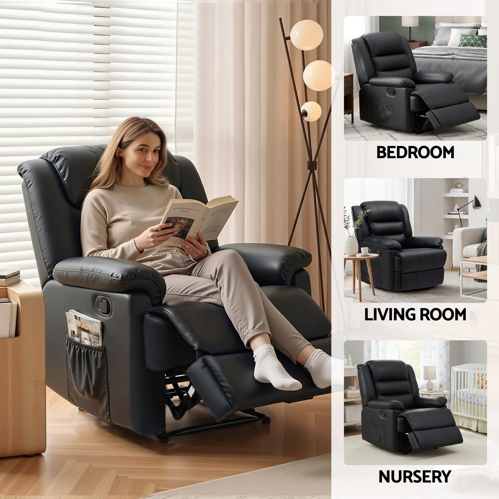 Recliner Chair Leather Black 82x82x95cm