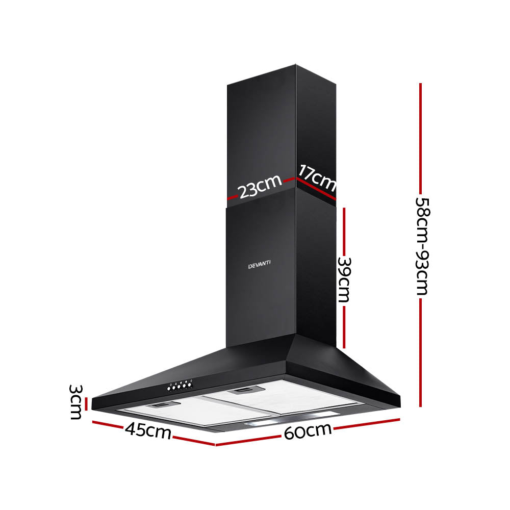Devanti Rangehood 600mm 60cm Kitchen Canopy Black