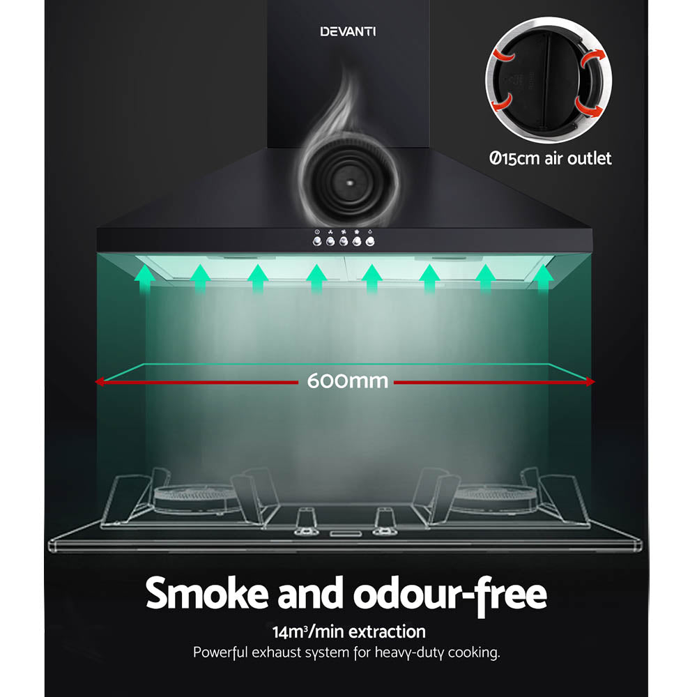 Devanti Rangehood 600mm 60cm Kitchen Canopy Black