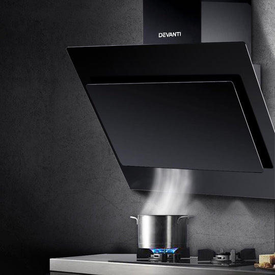 Rangehood 900mm Black Angled Side Draft Range Hood Canopy Glass 90cm - Cooking Ranges