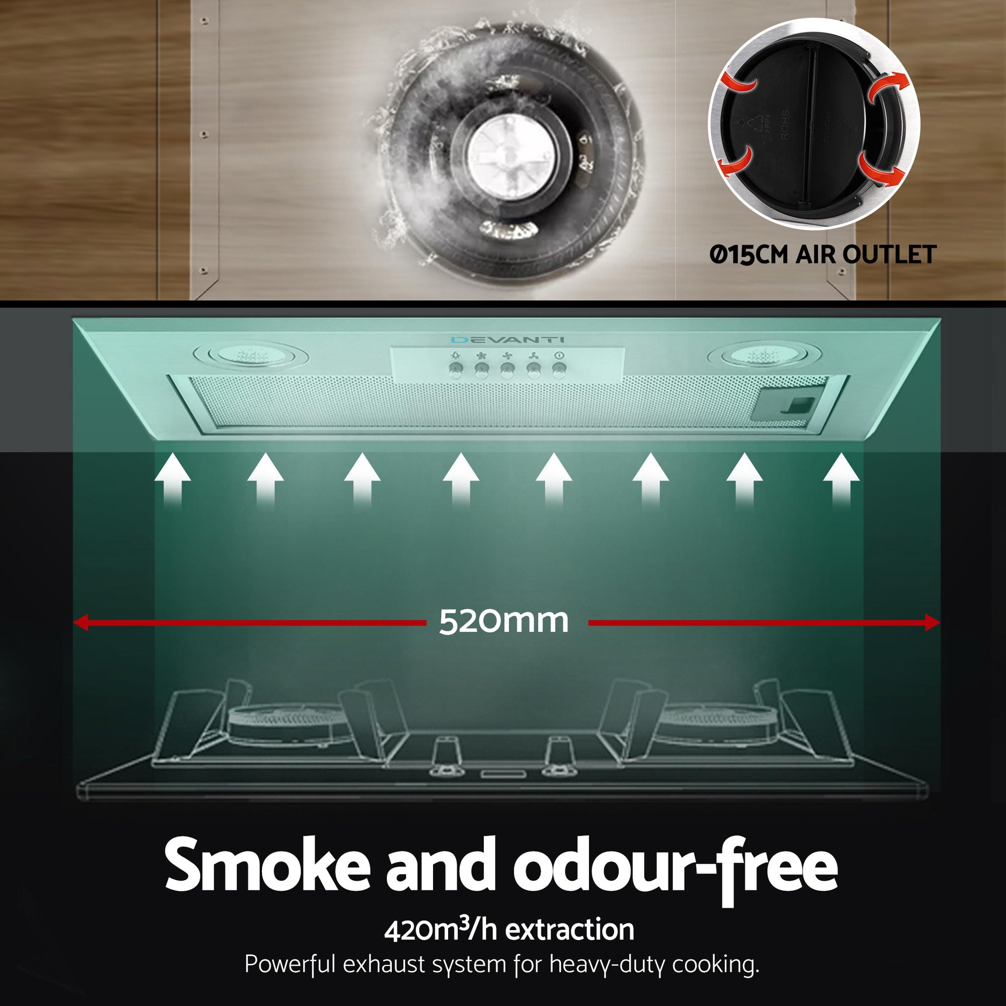 520mm Range Hood 52cm Rangehood Stainless Steel