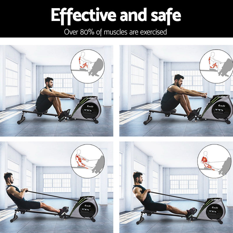 Rowing Machine Rower Elastic Rope Resistance Fitness Home Cardio Silver - Everfit Exercise Gym Ela