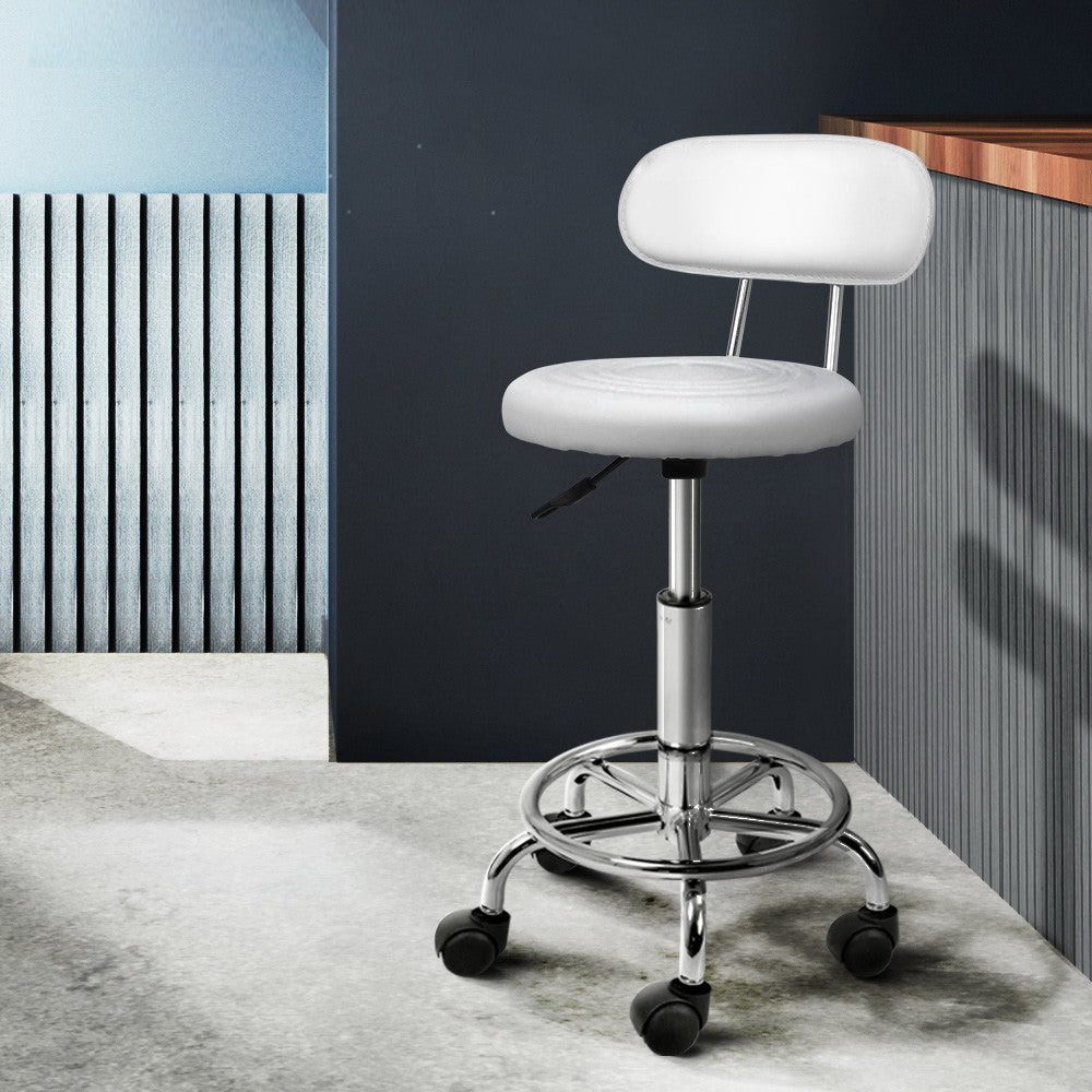 White Salon Stool Swivel Chair with Backrest Adjustable Beauty Seat