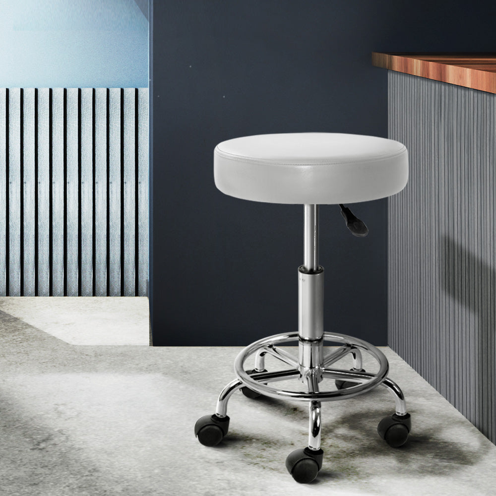 White Salon Stool Round Swivel Chair Ergonomic Height Adjustable Beauty Seat
