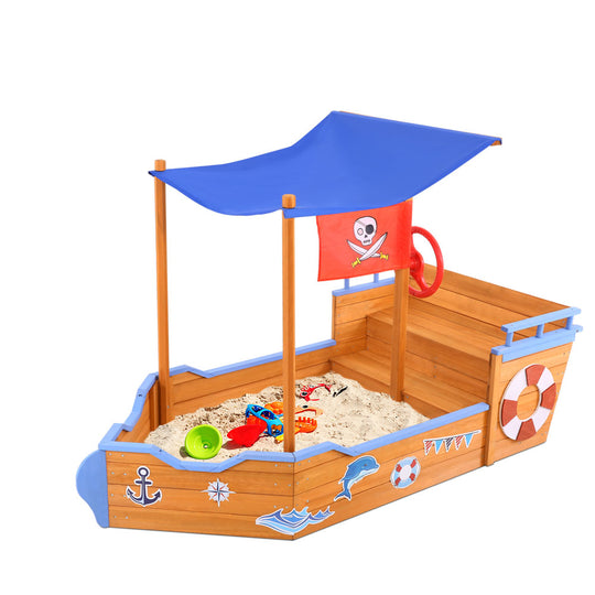 Kids Wooden Boat Sandpit With Canopy & Bench 165Cm, Wooden finish
