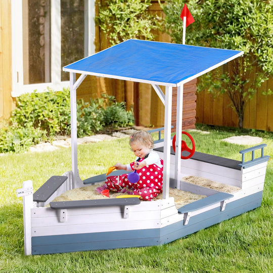 Wooden finish - Kids Wooden Sandpit Boat Canopy Outdoor Toys