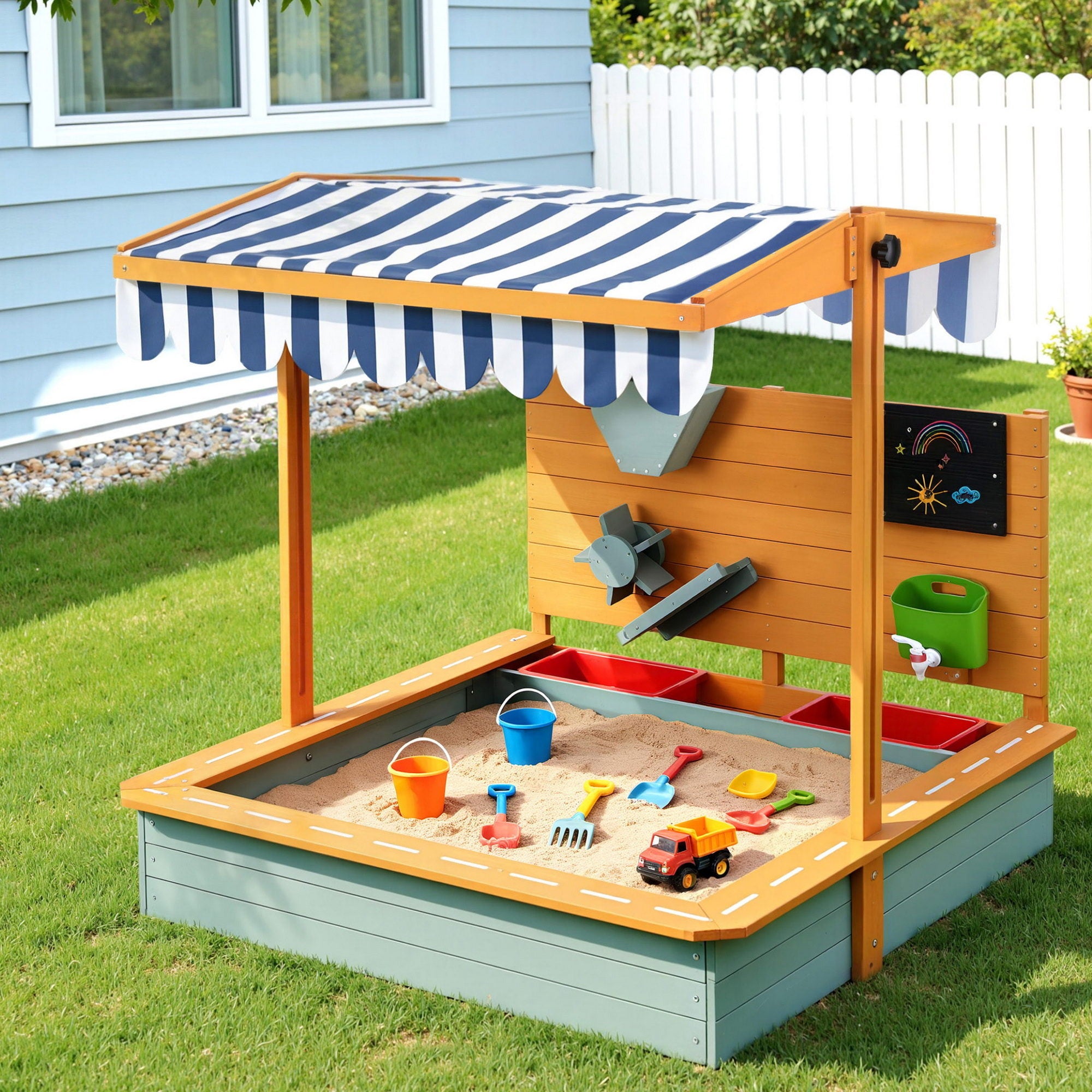 Kids Wooden Sandpit with Adjustable Canopy Funnel Outdoor Play Toy 110cm