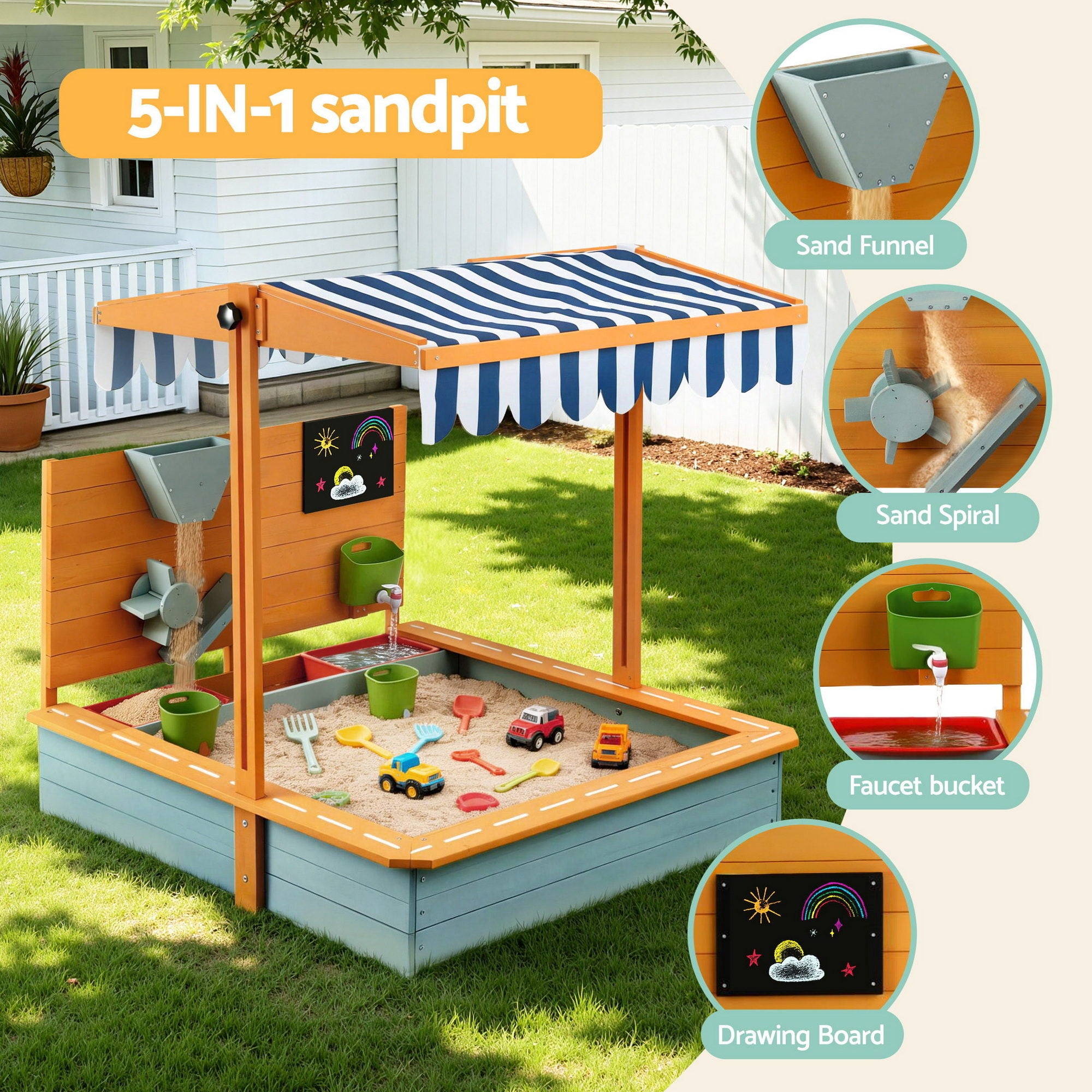 Kids Wooden Sandpit with Adjustable Canopy Funnel Outdoor Play Toy 110cm