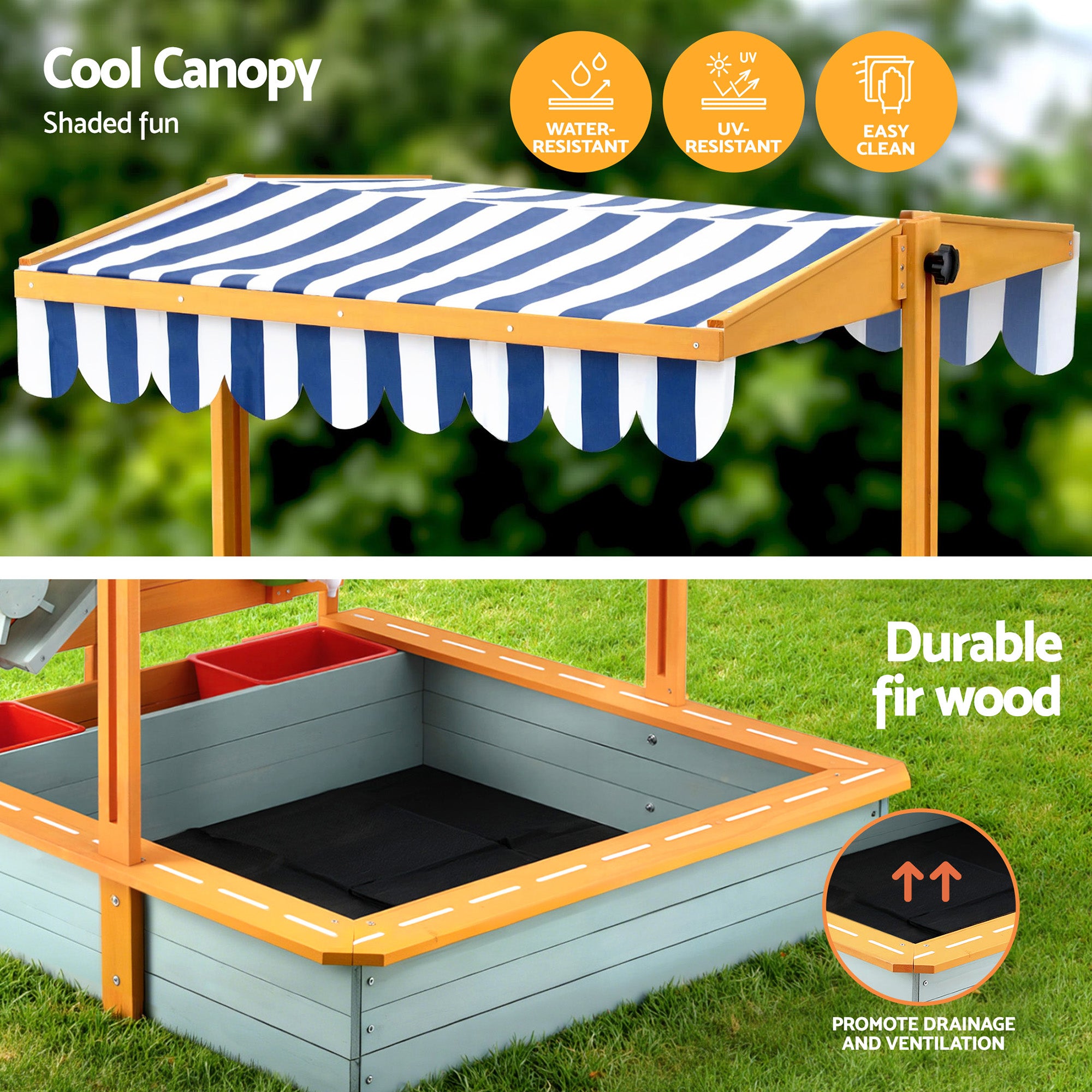 Kids Wooden Sandpit with Adjustable Canopy Funnel Outdoor Play Toy 110cm